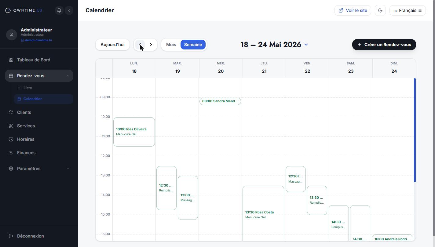 Vue semaine de l'agenda, heure par heure.