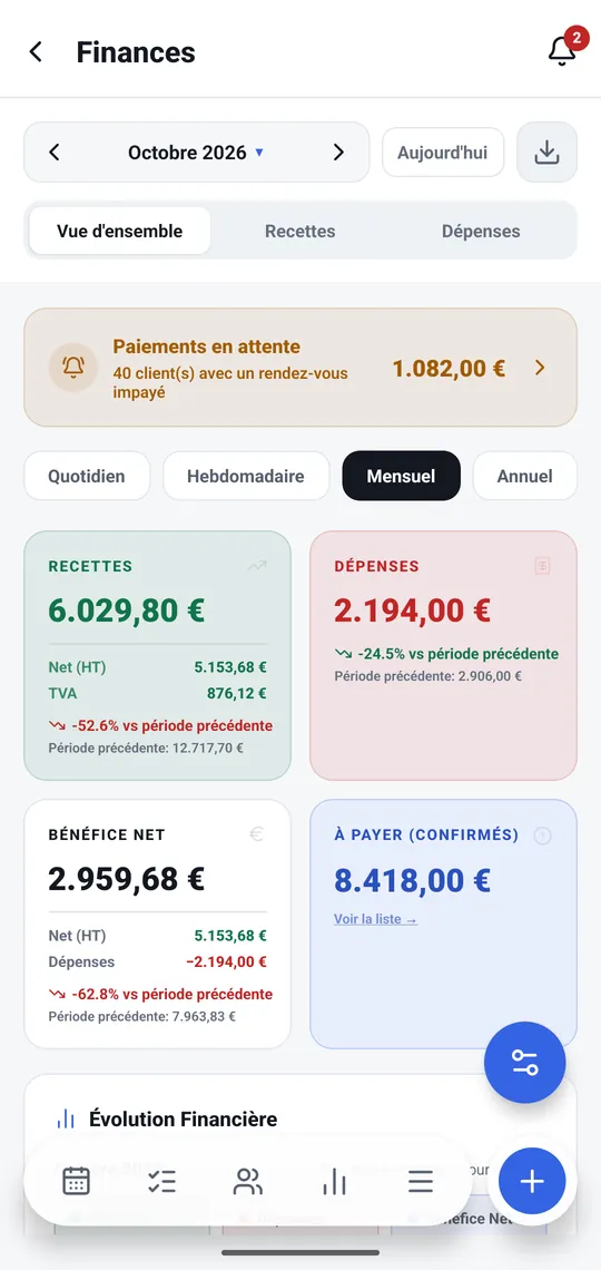Les finances du mois dans l'application : recettes, dépenses et bénéfice net.