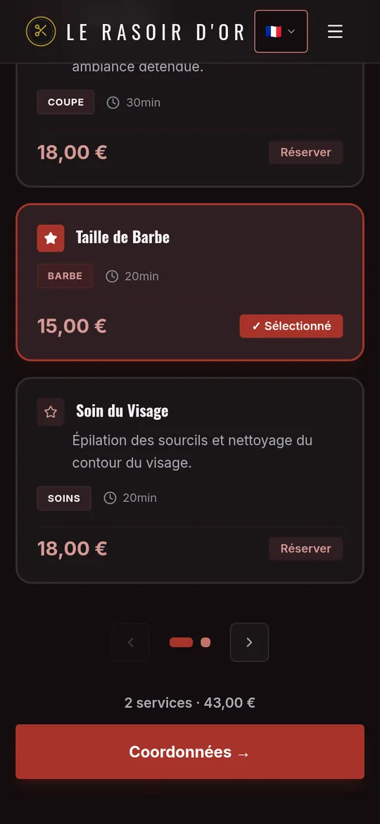 Choix de plusieurs prestations, avec le total qui s'additionne.