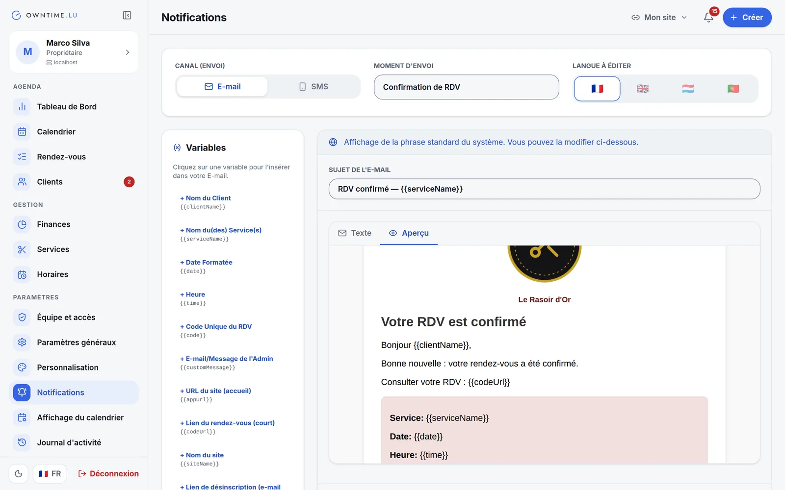 Aperçu d'un e-mail de confirmation aux couleurs de l'établissement.
